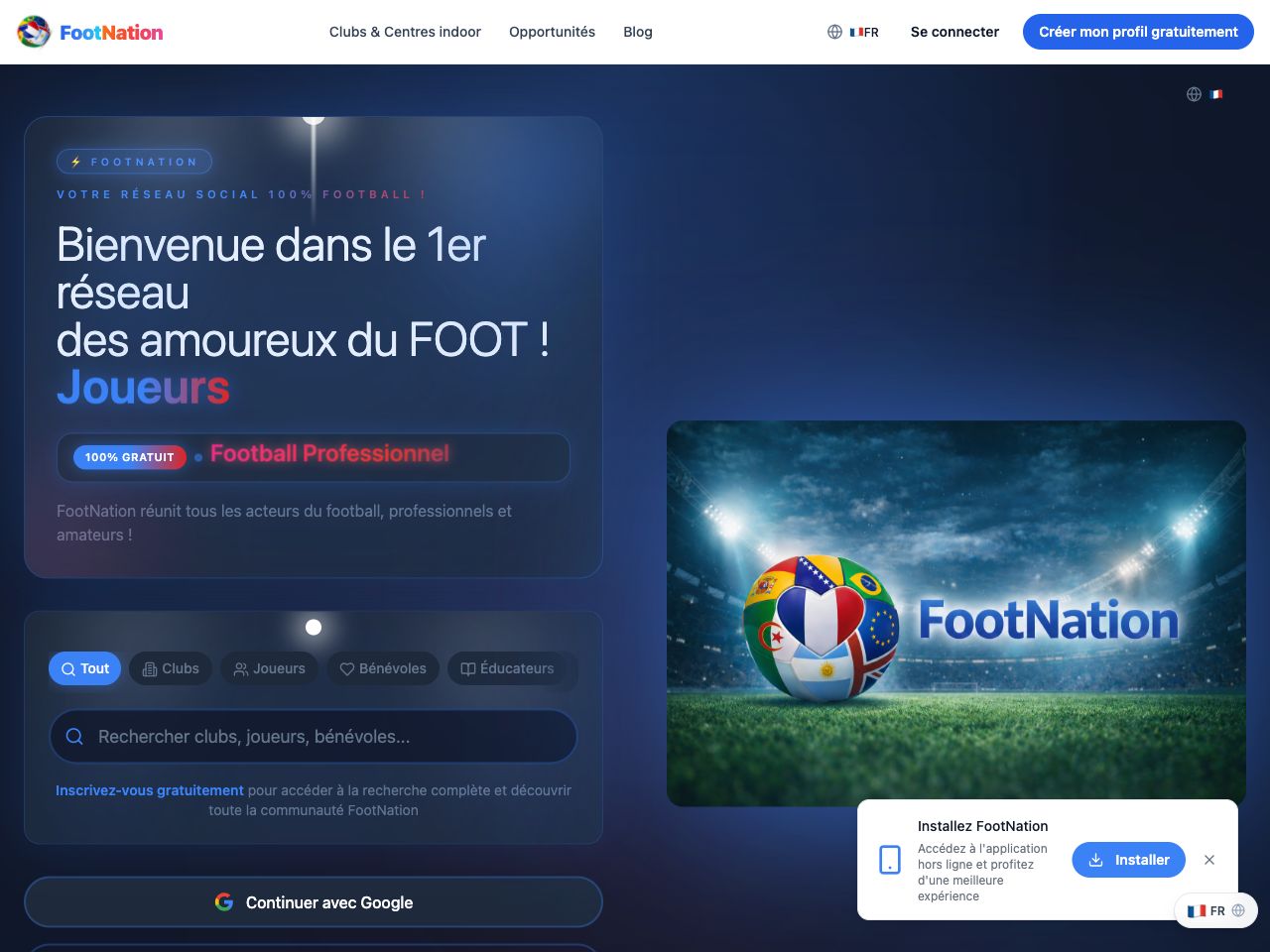Aperçu de la page d’accueil de Foot Nation